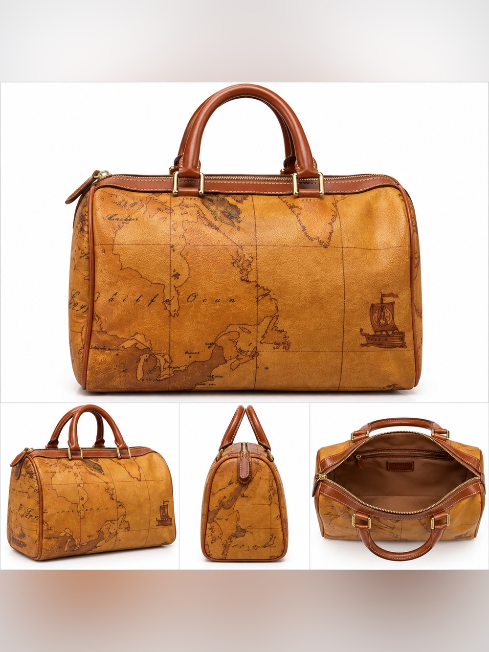 Alviero Martini Tan and Cognac Map-Print Boston Bag